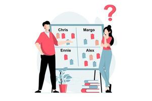 Focus group concept with people scene in flat design. Man and woman studying market and customers behavior, analyze data and surveys research. illustration with character situation for web vector