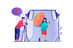 Photo studio concept with people scene. Woman posing for shooting in professional studio with lighting lamps, man photographing model. illustration with characters in flat design for web vector