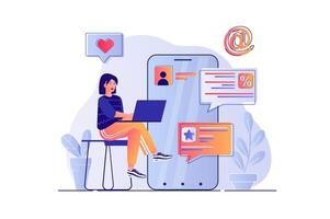 Social media marketing concept with people scene. Woman making promo posts and promo mailing using mobile application, online promotion. illustration with characters in flat design for web vector