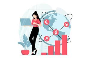 Global economic concept with people scene in flat design. Woman analyzing data and worldwide market trends for investors, planning new strategy. illustration with character situation for web vector