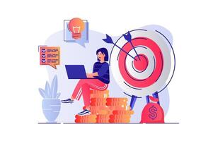 Business target concept with people scene. Woman following successful business strategy, aiming at target, motivation and achievement goals. illustration with characters in flat design for web vector
