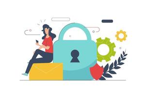 Cyber security concept with people scene in flat cartoon design. Woman using mobile apps with protection system for secure personal information. illustration with character situation for web vector