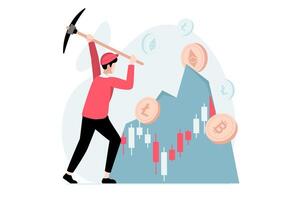 Cryptocurrency mining concept with people scene in flat design. Man with pickaxe mines bitcoins, litecoins and ethereum for sale on marketplaces. illustration with character situation for web vector