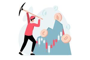 Cryptocurrency mining concept with people scene in flat design. Man with pickaxe mines bitcoins, litecoins and ethereum for sale on marketplaces. illustration with character situation for web vector