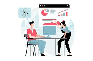 Data science concept with people scene in flat design. Man and woman discussing, examining statistics at screen, planning and finding solutions. illustration with character situation for web vector