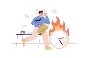 Deadline web concept with people scene. Worried businessman running and trying to keep up with schedule. Time pressure to man at workplace. Character situation in flat design. illustration. vector