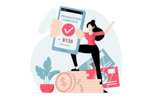 E-payment concept with people scene in flat design. Woman successfully makes money transfer or online payment and receives receipt on mobile phone. illustration with character situation for web vector