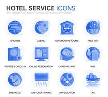 Modern Set Hotel Services Gradient Flat Icons for Website and Mobile Apps. Contains such Icons as Luggage, Reception, Room Services, Fitness Center. Conceptual color flat icon. pictogram pack. vector