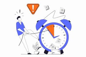 Deadline concept with people scene in flat outline design. Man trying to complete work tasks and paperwork in office before time is ending. illustration with line character situation for web vector