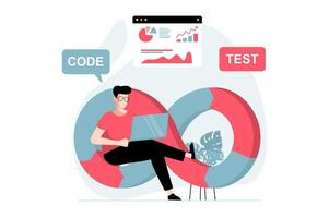 DevOps concept with people scene in flat design. Man programmer coding and creating software, engineering and optimizing workflow processes. illustration with character situation for web vector