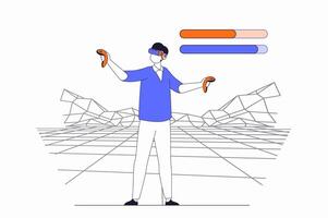 virtual realidad concepto con personas escena en plano contorno diseño. hombre en vr auriculares y controladores interactúa con aumentado realidad espacio. ilustración con línea personaje situación para web vector