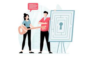 Finding solution concept with people scene in flat design. Man and woman are looking for solutions to solve labyrinth and pick up key to keyhole. illustration with character situation for web vector