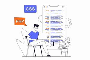 Programmers working concept with people scene in flat outline design. Man developer works with code, fixes bug and creates mobile application. illustration with line character situation for web vector