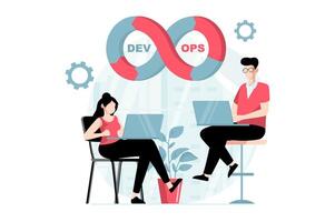 devops concepto con personas escena en plano diseño. hombre y mujer programadores codificación y creando software, Ingenieria y optimizando flujo de trabajo. ilustración con personaje situación para web vector