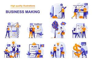 Business making web concept with people scenes set in flat style. Bundle of workflow process, making deal, brainstorming, strategy planning, investment. illustration with character design vector