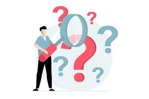 Finding solution concept with people scene in flat design. Man with magnifier looking questions and finds answers, imagination and inspiration. illustration with character situation for web vector