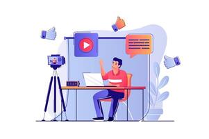 Blogging concept with people scene. Man blogger recording new at camera, writes posts in blog for followers, making live broadcasting. illustration with characters in flat design for web vector