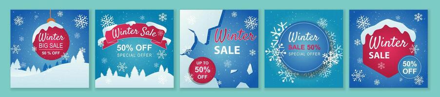 Winter and Christmas Sale square template set for ads posts in social media. Layouts bundle with snowflakes and snowy trees. Suitable for mobile apps, banner design and web ads. illustration. vector