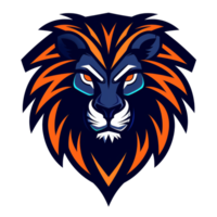 Fierce blue eyed lion with striking orange and black mane png