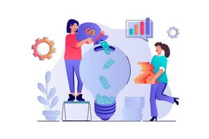 inversión concepto con personas escena. mujer invertir su ahorros y personal finanzas en nuevo idea y desarrollar éxito negocio proyecto. ilustración con caracteres en plano diseño para web vector