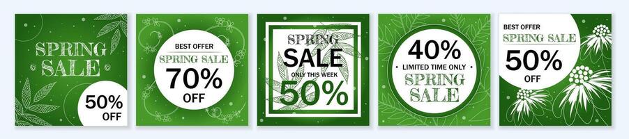 Spring Sale square template set for ads posts in social media. Bundle of green layouts with silhouette of leaves and flowers. Suitable for mobile apps, banner design and web ads. illustration. vector