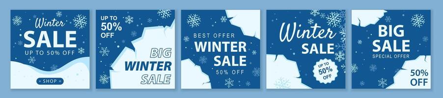 Winter and Christmas Sale square template set for ads posts in social media. Seasonal layouts with snowflakes and ice pieces. Suitable for mobile apps, banner design and web ads. illustration. vector