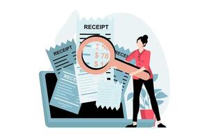 Electronic receipt concept with people scene in flat design. Woman receives digital invoice with taxes and bills for payment and paying at laptop. illustration with character situation for web vector