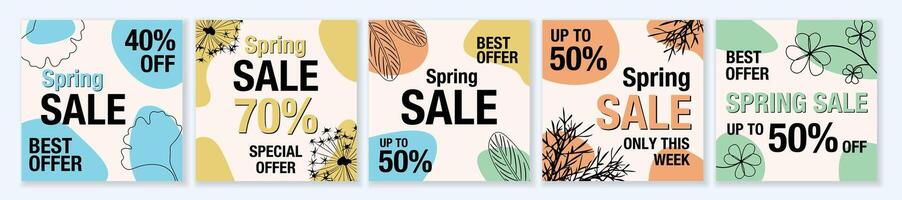Spring Sale square template set for ads posts in social media. Bundle of layouts with discounts with abstract leaves, flowers. Suitable for mobile apps, banner design and web ads. illustration. vector
