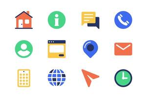 Contact us concept of web icons set in simple flat design. Pack of home page, info, chat, call, profile, location tracking, email, internet, calendar, clock and other. pictograms for mobile app vector