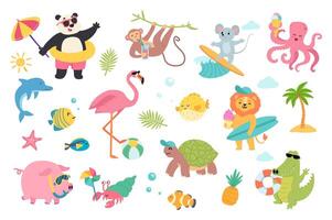 Cute animals in summer travel set with cartoon elements in flat design. Bundle of panda at beach, surfing mouse or lion, octopus with ice cream, resort and other isolated stickers. illustration vector