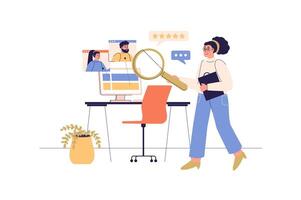 Recruitment web concept with people scene. Woman with magnifier searching and selecting best candidates. Hiring process and human resources. Character situation in flat design. illustration. vector