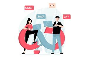 DevOps concept with people scene in flat design. Woman and man coders team engineering and creating software, using agile project management. illustration with character situation for web vector