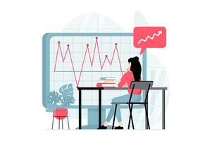 datos análisis concepto con personas escena en plano diseño. mujer trabajos con cuadro, estudios mercado tendencias, haciendo empresa auditoría y financiero informe. ilustración con personaje situación para web vector