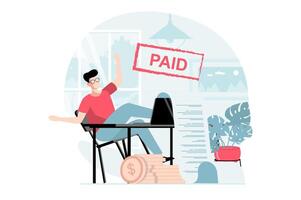 Electronic receipt concept with people scene in flat design. Man receives digital invoice with taxes and pays in online form using laptop at home. illustration with character situation for web vector