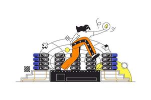 Data center web concept in flat outline design with character. Woman engineer working in server room, maintains and controls performance of hardware on dashboard, people scene. illustration. vector