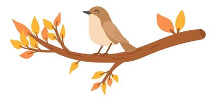 Cute bird on branch in flat design. Birdie sits on autumn leaves twig. illustration isolated. vector