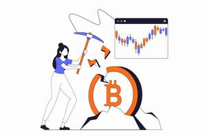 Cryptocurrency mining concept with people scene in flat outline design. Woman with pickaxe mines bitcoins and analyzes online financial chart. illustration with line character situation for web vector