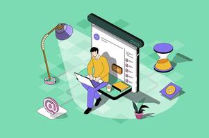 Freelance work web concept in 3d isometric design. Man working on laptop and making tasks remotely, connecting with colleagues online from home. web illustration with people isometry scene vector