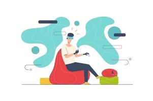 Metaverse concept with people scene in flat cartoon design. Man in VR headset explores virtual cyber world and interacts with augmented reality. illustration with character situation for web vector