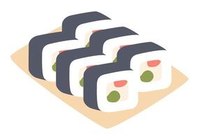 Sushi rolls on plate in flat design. Traditional asian menu for food delivery. illustration isolated. vector