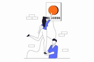 Teamwork concept with people scene in flat outline design. Woman presses success button and man colleague supports her in business processes. illustration with line character situation for web vector