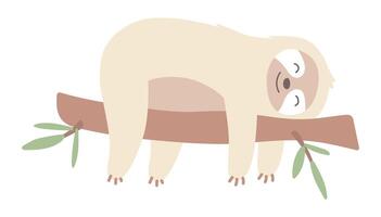 Cute sloth laying on branch in flat design. Happy lazy pet relaxing. illustration isolated. vector