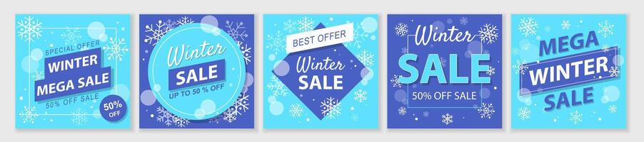 Winter and Christmas Sale square template set for ads posts in social media. Layouts bundle for clearance with snowflakes. Suitable for mobile apps, banner design and web ads. illustration. vector
