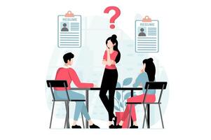 Employee hiring process concept with people scene in flat design. Woman thinking and choosing between job applicants to office at job interview. illustration with character situation for web vector