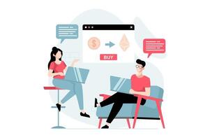 Cryptocurrency marketplace concept with people scene in flat design. Woman and man trading on exchange, investing money and buying bitcoins. illustration with character situation for web vector