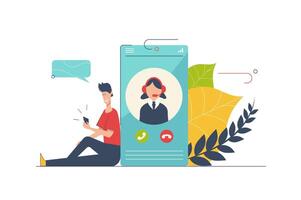 Call center concept with people scene in flat cartoon design. Man calling to technical support by smartphone, woman consulting and solving problem. illustration with character situation for web vector