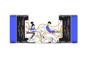 Hosting provider web concept in flat outline design with characters. Woman and man works in technical support of Internet provider, maintains and monitors hardware, people scene. illustration. vector