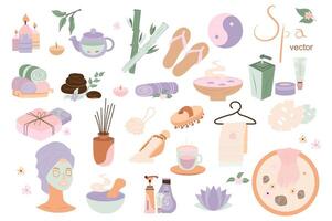 Spa salon set with cute cartoon elements in flat design. Bundle of candles, kettle, herbal tea, bamboo, harmony, cosmetics, towel, stones, aromatherapy and other isolated stickers. illustration vector