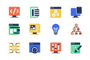 Design and development concept of web icons set in simple flat design. Pack of coding, programming, settings, optimization, generate idea, engineering and other. pictograms for mobile app vector