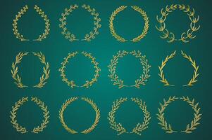 Gold ornamental branch wreathes set in hand drawn design. Laurel leaves wreath and decorative branch bundle. Botanical outline decor of herbs, twigs, sprigs and plants elements. decoration. vector